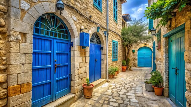 Vibrant blue doors and stone buildings line the narrow streets of Tzfat's ancient Jewish quarter, showcasing Israel's