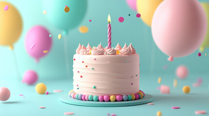A clean, pastel-toned 3D cake with smooth icing, one candle, and tiny 3D-rendered accents offers a delightful and charming look.