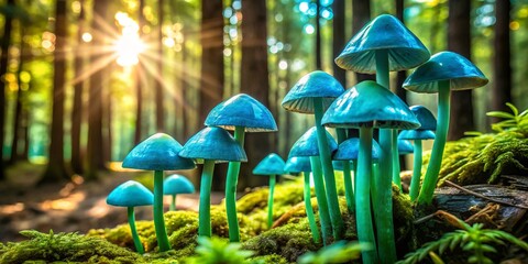 Vibrant blue-green mushrooms with bell-shaped caps and slender stems grow in a lush forest, their unique coloration