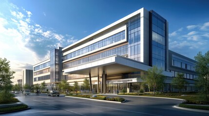 Obraz premium Modern hospital building with large glass windows and a covered entrance. People walk on the street in front of the building.