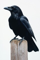 Obraz premium A black raven sitting on a wooden post, full body, in the style of a realistic watercolor drawing with a realism style, white background