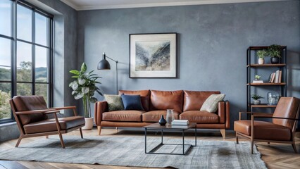 Terra cotta rustic armchair and sofa near wall with frame. Scandinavian interior design of modern living room.
