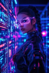 Obraz premium A model in a high-tech environment showcases futuristic gear