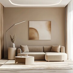 Banner in the light brown waiting room with sideboard, sofa. Corner view