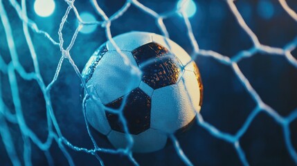 Naklejka premium A soccer ball in the net, the excitement of the goal captured in a detailed close-up shot