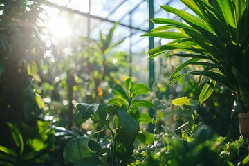 Naklejka premium A sun-drenched greenhouse teeming with vibrant green plants and various foliage, showcasing the beauty and serenity of nature in a controlled environment.