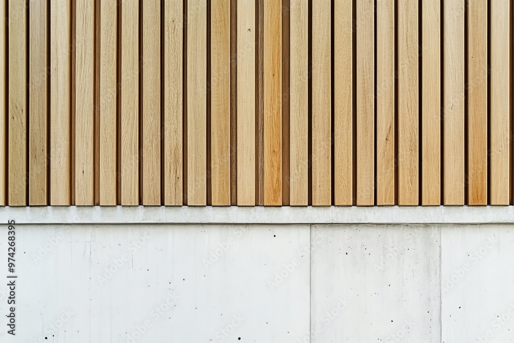 Poster a modern design image displaying vertical wooden slats positioned above a pristine white concrete wa
