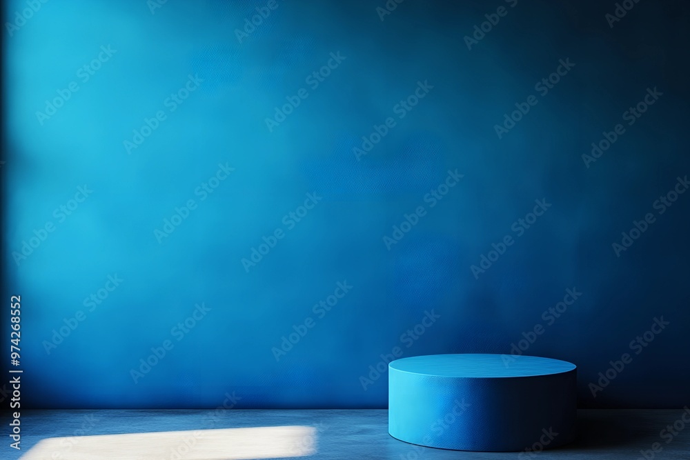Wall mural 3d rendering blue wall with minimal podium scene background