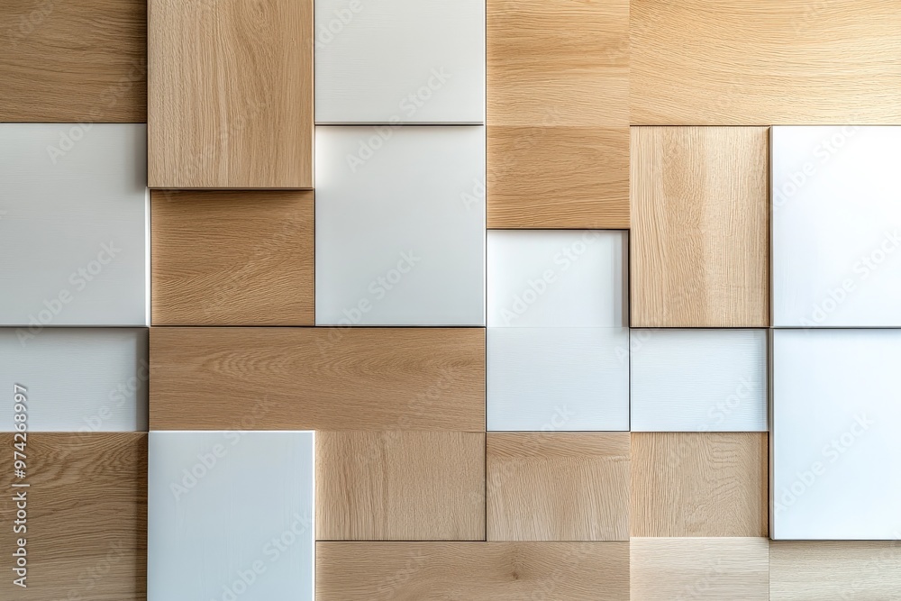 Poster A modern abstract wall design featuring wooden and white panels of various sizes, meticulously arranged to create a pattern of geometric shapes, adding texture and depth to the space.