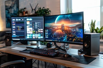 Naklejka premium Vibrant Home Office Setup with Dual Monitors for Remote Team Building and Hobby Tutorial