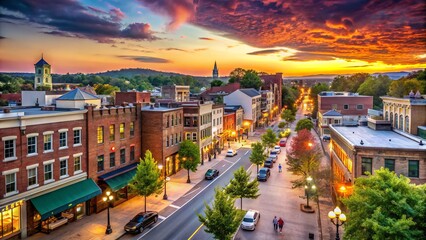 Vibrant cityscape of downtown Durham at sunset, featuring historic brick buildings, trendy shops, and restaurants along