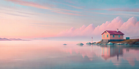 Fototapeta premium A quaint cottage sits by a still lake, bathed in the warm hues of sunset. The water mirrors the colorful sky, creating a peaceful and serene atmosphere
