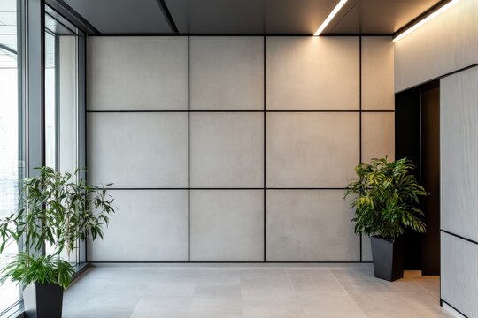 Elegant professional office lobby featuring sleek modern furnishings and potted plants, complemented by a geometric wall design and muted lighting for a welcoming ambiance. - Powered by Adobe