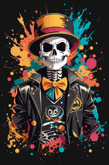 Colorful Skeleton with Top Hat and Splash Art Design &ndash; Day of the Dead Illustration