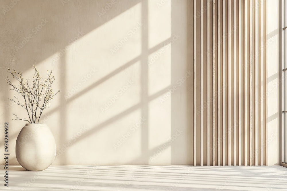 Aufkleber A large vase with a branching plant is positioned beside a slatted wall with large windows allowing sunlight to flood the minimalist space. It's an ode to nature and tranquility.