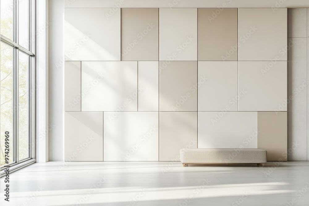 Aufkleber a spacious, minimalist room with a large geometric wall feature, illuminated by natural sunlight fro