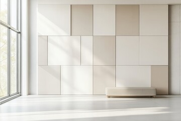 A spacious, minimalist room with a large geometric wall feature, illuminated by natural sunlight from floor-to-ceiling windows. The design is sleek and modern.