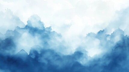 Abstract blue watercolor background with a blurred white sky, soft mist
