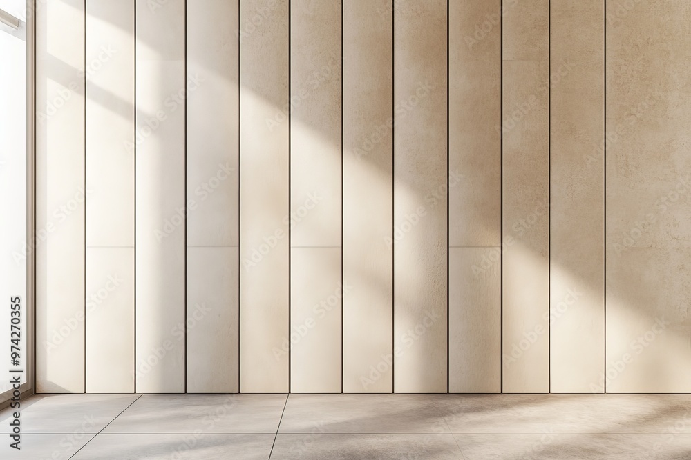 Aufkleber this image showcases a beige and white modern wall design featuring vertical panels, illuminated by 