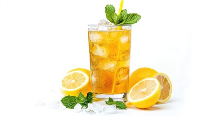 Tall glass of iced tea with lemon and mint on white background.