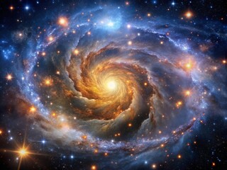 Vibrant close-up of a majestic galaxy cluster, showcasing swirling clouds of gas and dust, radiant stars, and