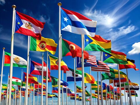 Vibrant collection of 20 flags from Latin American countries, waving in the wind, symbolizing national identity and