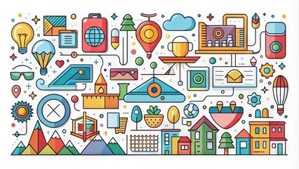 Vibrant colored flat design illustration of various objects, symbols, and icons arranged in a creative collage on a