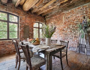 Rustic dining room with farmhouse table and exposed brick walls for a welcoming atmosphere