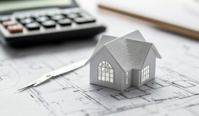 House Model on Blueprint with Calculator and Ruler