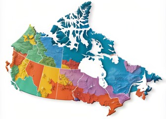 Vibrant colored map of Canada showcasing provinces, territories, cities, and boundaries on a white...