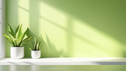 Two potted plants on a white shelf against a light green wall with sunlight streaming in the window.