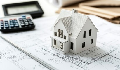House Model on Architectural Plans with Calculator