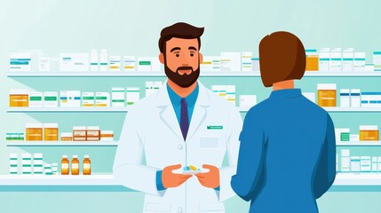 Pharmacist Giving Prescription Medication to Patient in Pharmacy