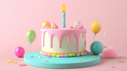 A minimalist 3D birthday cake with sleek icing and one candle is surrounded by tiny pastel decorations, providing a soft and clean celebration design.