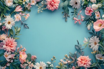 Fototapeta premium Flower composition on a cobalt background showcasing expansive area. Artistic nature border layout for events. Perfect for nuptials, women’s day, and mother’s day occasions