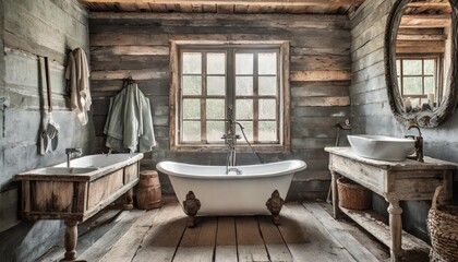 Rustic bathroom with clawfoot tub and reclaimed wood accents for a vintage look