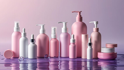 Elegant Skincare Collection on a Serene Gradient, Shampoo, oil, bath products, product mockup background, mockup for product