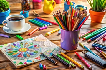 Naklejka premium Vibrant colored pencils and markers scattered across a wooden desk, surrounded by sketches and doodles, amidst a