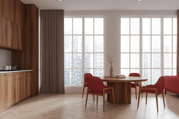 Elegant home kitchen interior with dining table, cabinet and panoramic window