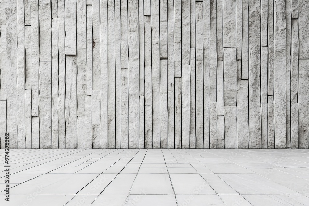 Poster An image featuring gray stone tiles arranged in varying rectangular forms on both the floor and wall, emphasizing texture, pattern, and modern architectural design for interiors.