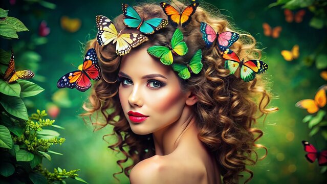 Vibrant, colorful butterfly-inspired hair accessories adorn a model's curly locks, adding whimsical, bohemian flair to