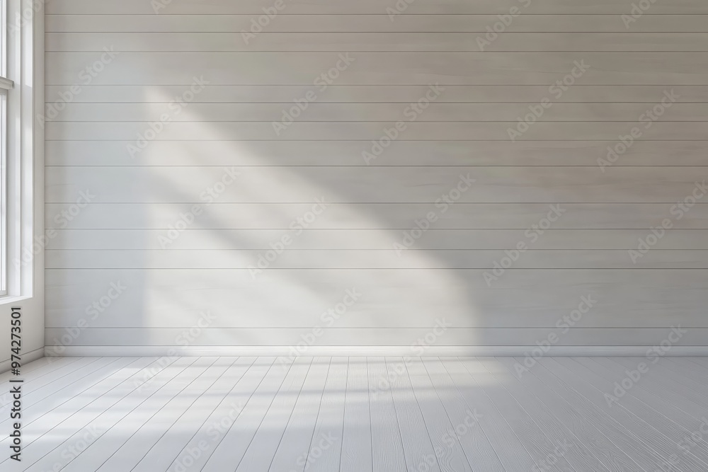 Aufkleber A bright, empty room with a wooden plank wall and floor, bathed in natural light from a window, creating a warm and inviting atmosphere ideal for interior design.