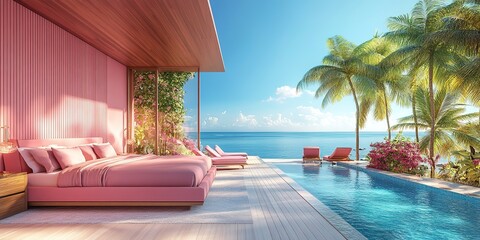 high resolution rendering 3D of pink modern hotel room design with luxury bed, sun loungers and private swimming pool on beautiful sea background