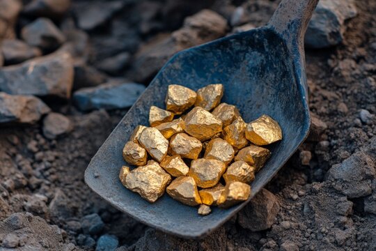 A shovel scooping up a collection of gold nuggets from the earth, highlighting the raw, natural state of the gold and the rugged mining environment it is found in.