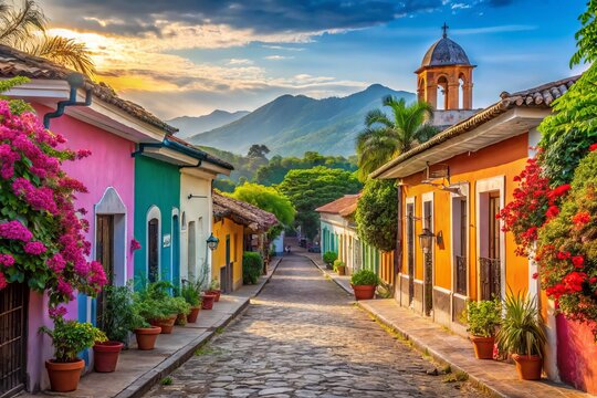 Vibrant colorful colonial architecture lines cobblestone streets in picturesque Suchitoto, El Salvador, surrounded by