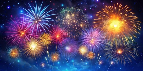 Fototapeta premium Vibrant colorful fireworks explode in the night sky, bursting with shimmering sparks and trailing wispy smoke, against