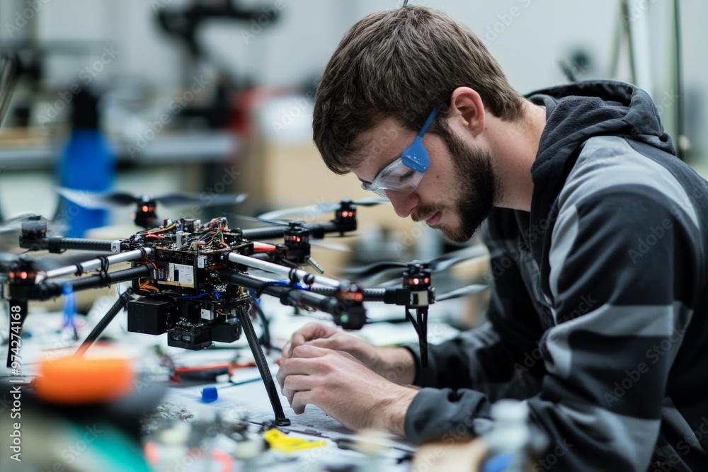 Aufkleber A skilled technician in a modern workshop meticulously working on the intricate assembly of a large drone, showcasing the complexities of modern drone technology.