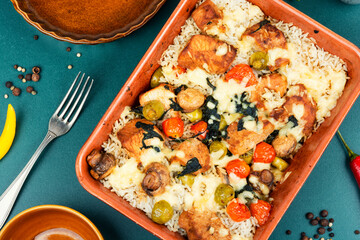 Turkey fillet with rice and cheese.