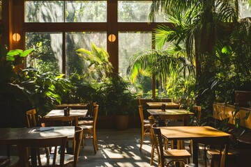 Fototapeta premium Interior view of a sunlit café filled with a variety of green plants, wooden furniture, and large windows that allow plenty of natural light, creating a serene and refreshing environment.