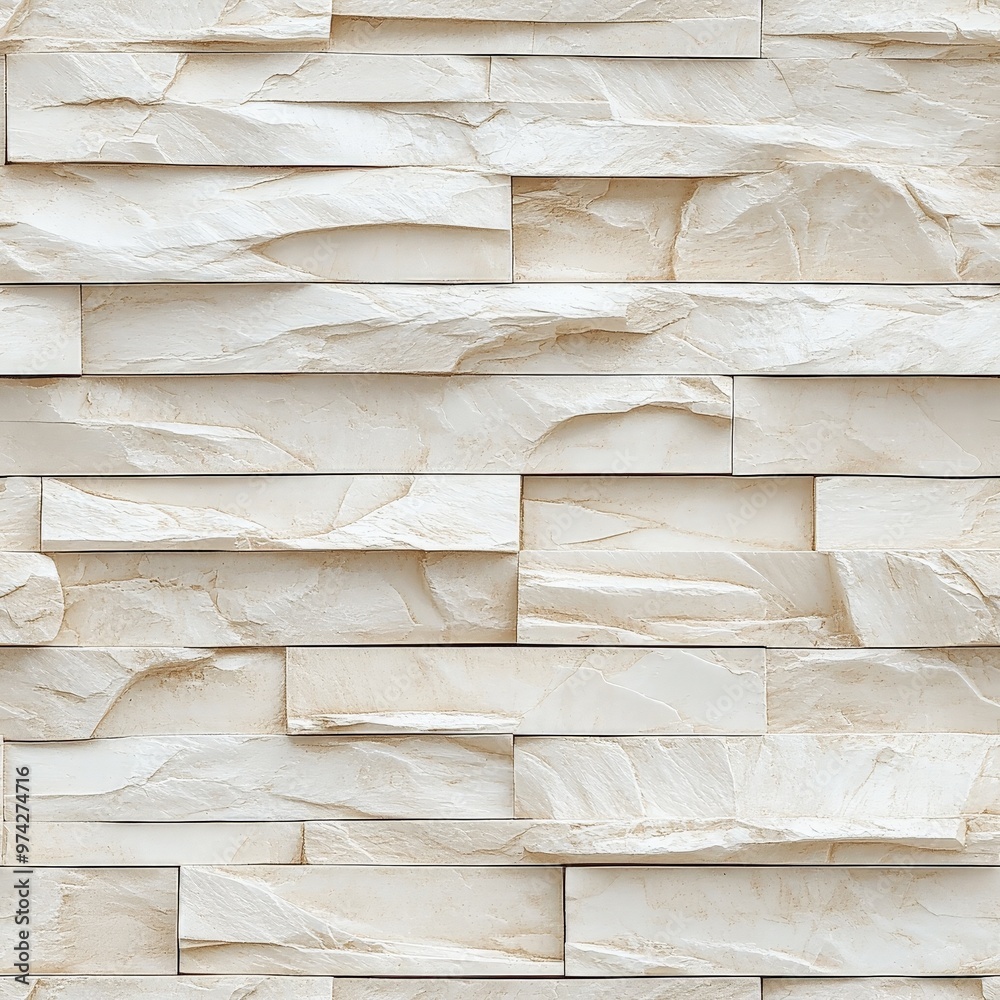Poster The image shows a beige textured brick wall with a horizontal layering pattern, showcasing a natural stone-like appearance and detailed surface texture for architectural use.